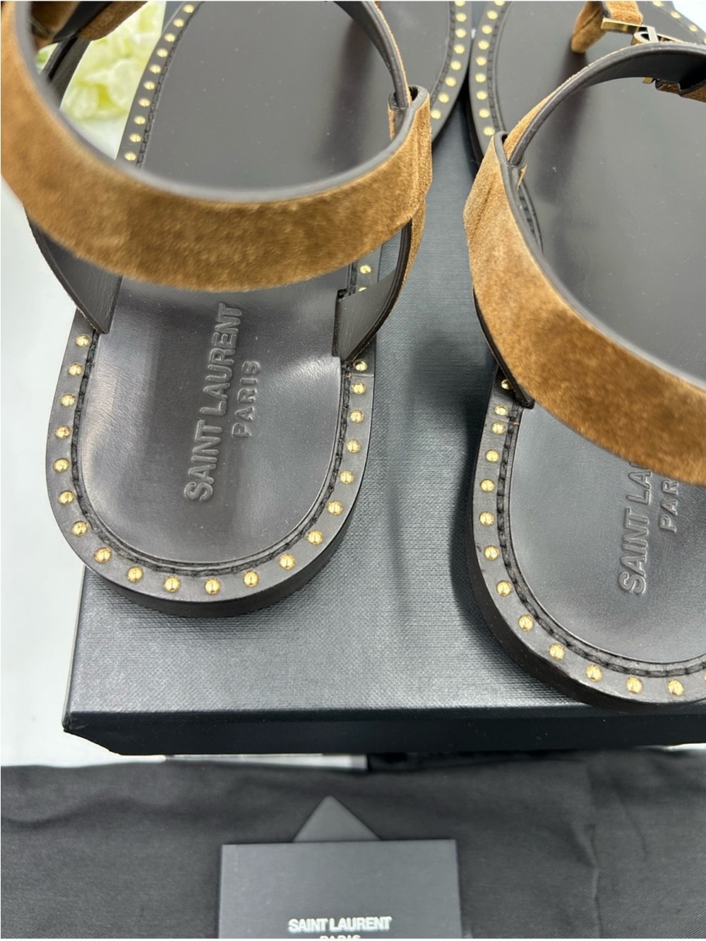 Saint Laurent Brown Suede T-Strap Logo Sandals CASSANDRE. Size 43 - Picture 7 of 7